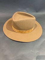 Front angle of camel wool felt fedora with velvet band