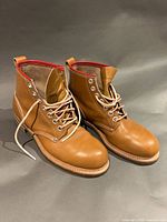 Overall view of both boots showing color, laces, piping and general condition