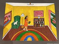 Front view of the complete painting showing interior scene and elements