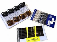 Overview of three carded hair accessory packs: claw clips, elastics, bobby pins