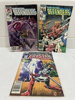 Front covers of the three Marvel comic books: The New Defenders #125, The New Defenders #139, Crystar #7