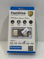 Front of retail box showing 64GB HighSpeed dual storage flash drive