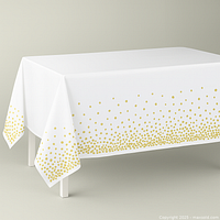 Digital render of tablecloth on table showing white base and gold polka dot border