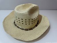 Full view showing hat shape, brim, ventilation pattern, bead band