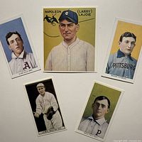 Fronts of the five reprint baseball cards arranged for overview
