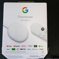 Front of retail box displaying Chromecast with Google TV branding
