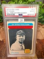 Front of PSA-slabbed 1973 O-Pee-Chee Cy Young #477 card showing grade label VG-EX 4