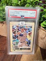 Front view of PSA-slabbed Aaron Judge card showing label with PSA 8 grade
