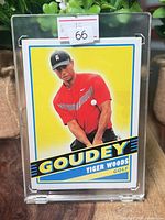 Front view of Tiger Woods Goudey card in case