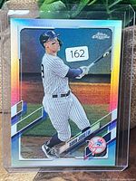 Front of 2021 Topps Chrome Aaron Judge refractor card in toploader