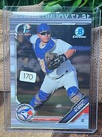 Front view of Alejandro Kirk Bowman Chrome rookie card in sleeve