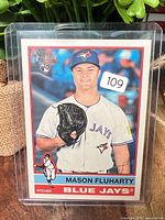 Front view of Mason Fluharty Topps Heritage rookie card in plastic sleeve