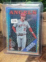 Front view of sleeved Mike Trout Topps Chrome refractor card