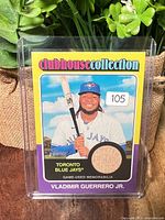 Front of Vladimir Guerrero Jr. Clubhouse Collection card with visible memorabilia swatch
