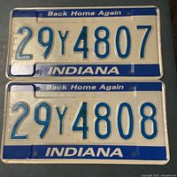 Two sequential Indiana license plates 29Y4807 and 29Y4808