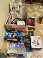Overall lot with boxed electronics, cables and keyboard