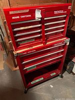 Front view of Sears/Craftsman red rolling tool chest combo