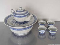 Full view of assembled blue-white porcelain Gongfu tea set