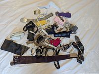 Overhead view of approx. 20 assorted belts showing variety of colours and materials