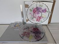 Full view of large divided platter, small dish, original box and ruler for scale