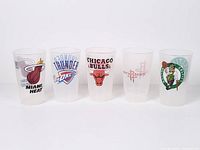 Front view of five NBA logo cups
