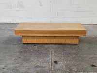 top and front view of low rectangular oak coffee table