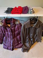 Front view of both jackets and four scarves on table