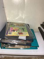 Stacked binders with Richie Rich Money comic visible on top