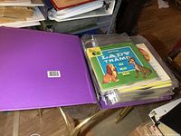 Purple binder open showing stacked record books; Lady and the Tramp on top