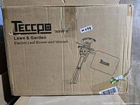 Retail box showing Teccpo electric leaf blower and vacuum with model information