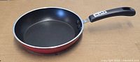 Top view of red non-stick fry pan