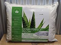 Front of sealed Down Perfect pillow package