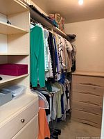 Full view of hanging garments and dresser