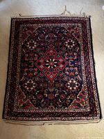 Full view of Persian rug on floor showing entire pattern and fringe