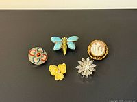 All five brooches arranged on black surface