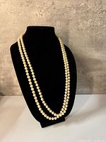 Full view of double strand pearl necklace on bust form