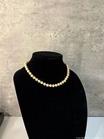 Front view of complete pearl necklace on display bust