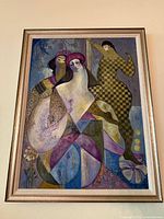 Full view of framed painting showing subject matter and colors