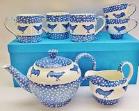 Group view of teapot, creamer, three mugs, two cups