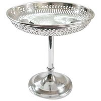 Full view of sterling silver pedestal compote showing pierced rim and footed base