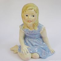 Front view of Royal Worcester Judy figurine model 3489 seated girl in blue dress