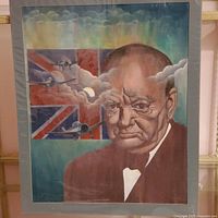 Full view of unframed oil painting showing Winston Churchill, Union Jack, aircraft