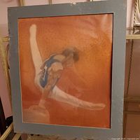Front of painting showing gymnast on pommel horse