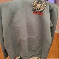 Front view of hoodie showing chest graphic, pocket and overall colour