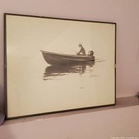 Front view of framed print showing boat scene