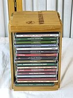 Front view of wood CD box showing all CD spines