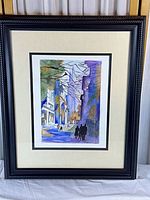 Full view of framed painting showing artwork, matting and frame