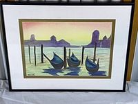 Full view of framed painting showing artwork, mats, and frame