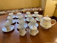 Full tea set laid out on table showing all pieces