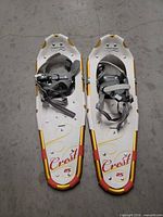 Top view of both Powderidge Crest 25 snowshoes showing deck, frame, bindings and graphics